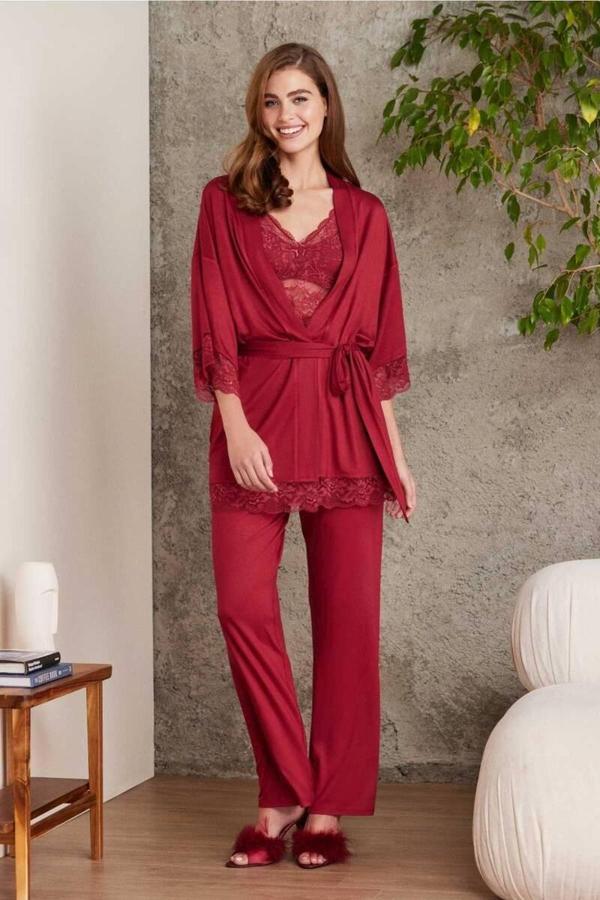 Pierre Cardin Dantelli Sabahlıklı Penye Pijama Takımı Bordo - Image 1