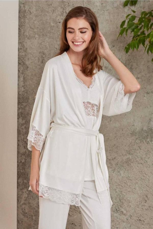 Pierre Cardin Dantelli Sabahlıklı Penye Pijama Takımı Ekru - Image 1