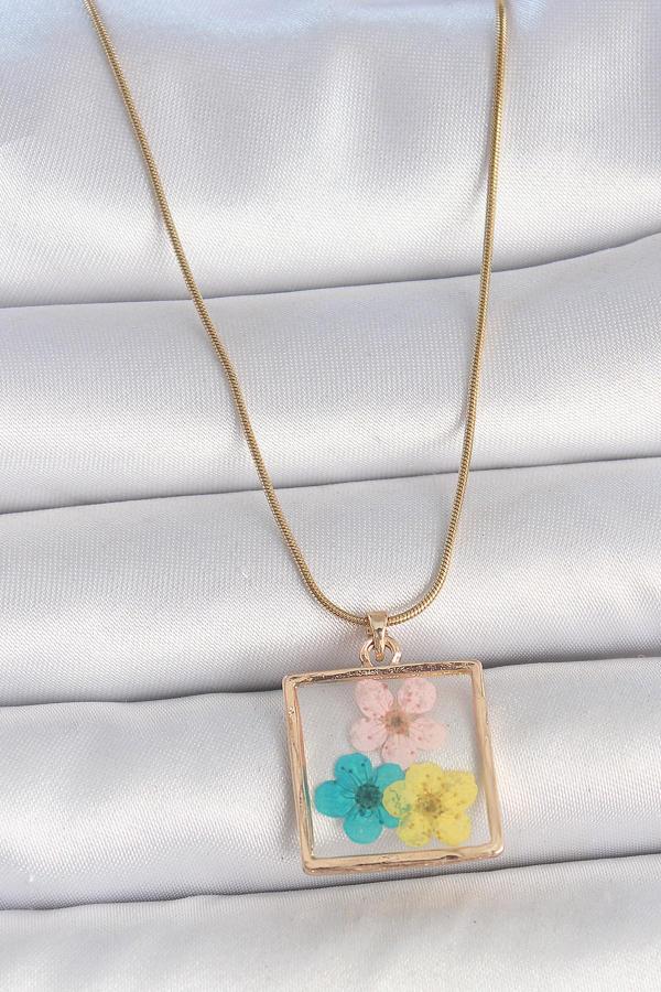 316L Çelik Gold Renk Zincir Kare Epoksi Renkli Çiçek Model Kadın Kolye - TJ-BKO10067 - Image 1