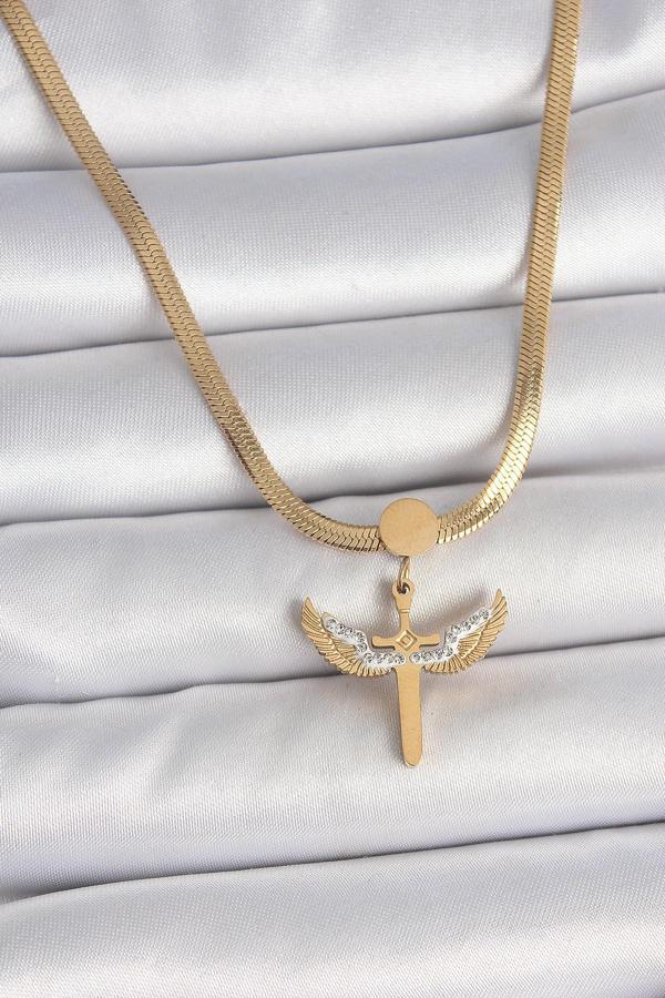 316L Çelik Gold Renk İtalyan Zincir Zirkon Taş Detaylı Mikail Model Kadın Kolye - TJ-BKO10123 - Image 1