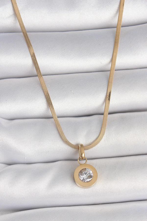 316L Çelik Gold Renk İtalyan Zincir Sallantı Zirkon Taş Model Kadın Kolye - TJ-BKO10124 - Image 1
