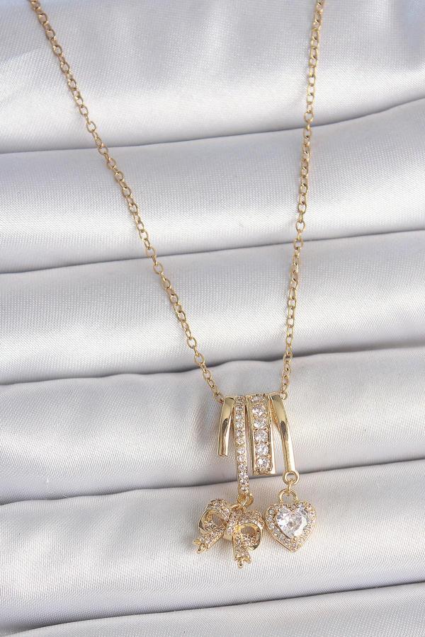 316L Çelik Gold Renk Sallantı Fiyonk Kalp Figür Charm Kadın Kolye - TJ-BKO10103 - Image 1