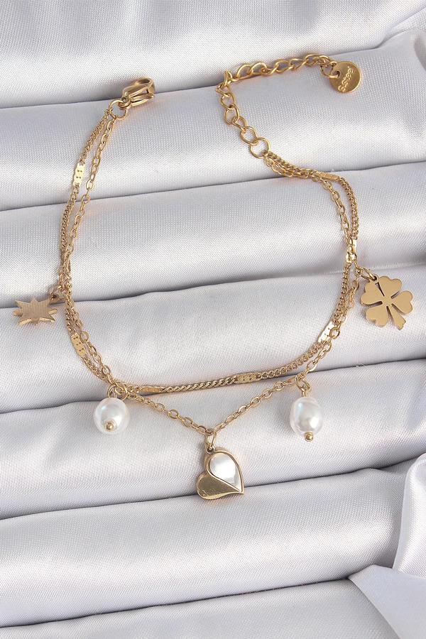 316L Çelik Gold Renk 2'li Zincir Model Sallantı Kalp Figür Yonca Detay Kadın Bileklik - TJ-BB6945 - Image 1
