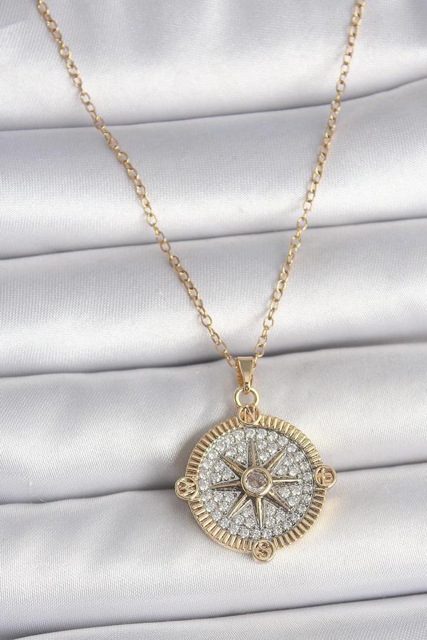 316L Çelik Gold Renk Zirkon Taşlı Pusula Model Kadın Kolye - TJ-BKO10093 - Image 1