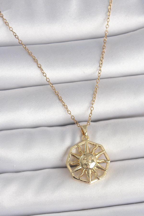 316L Çelik Gold Renk Zincir İşlemeli Güneş Model Kadın Kolye - TJ-BKO10104 - Image 1
