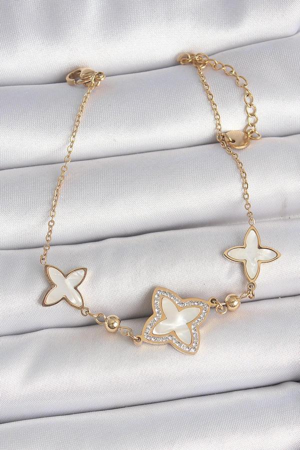 316L Çelik Gold Renk Beyaz Mineli Çiçek Model Zirkon Taş Detay Kadın Bileklik - TJ-BB6950 - Image 1