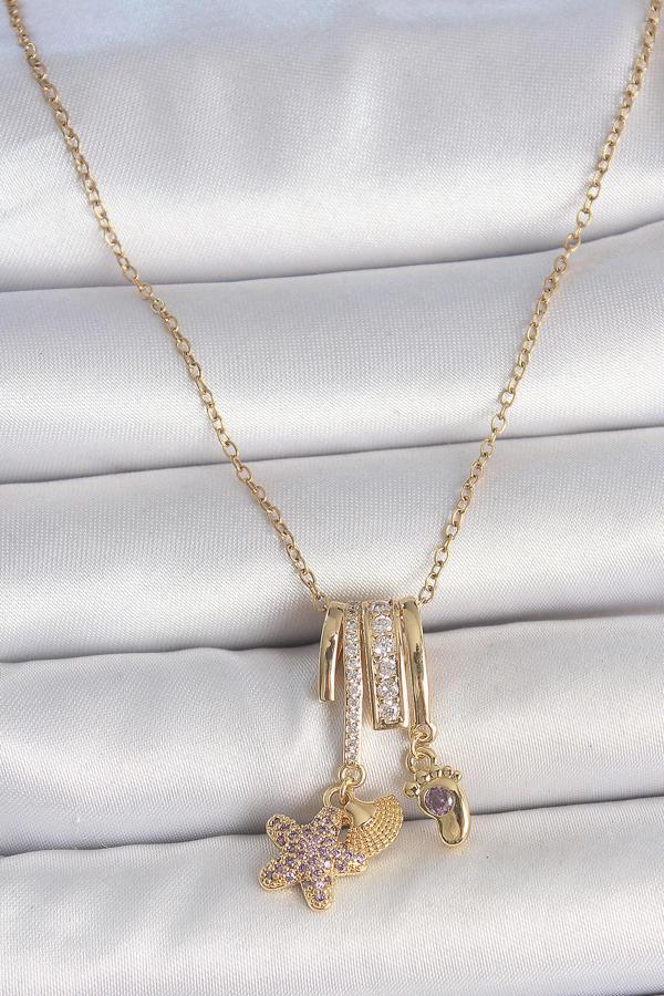 316L Çelik Gold Renk Sallantı Zirkon Taşlı Mor Taşlı Ayıcık Figür Charm Kadın Kolye - TJ-BKO10098 - Image 1