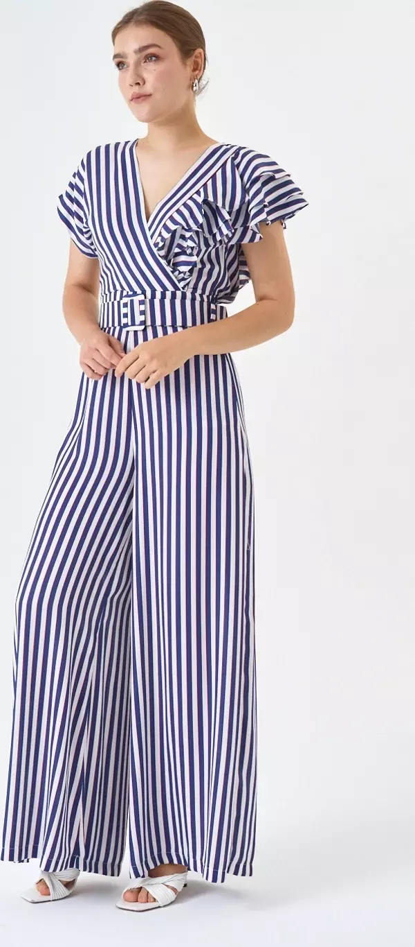 Fırfır Detaylı Bluz Ve Bol paça Pantolon Çizgili Kemerli Tulum - Image 1