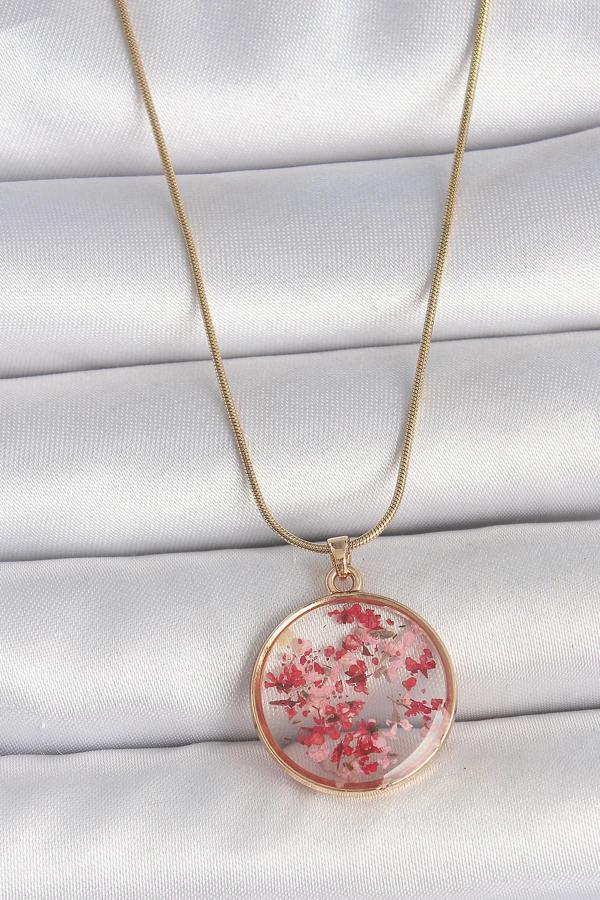 316L Çelik Gold Renk Zincir Epoksi Doğal Çiçek Model Kadın Kolye - TJ-BKO10069 - Image 1