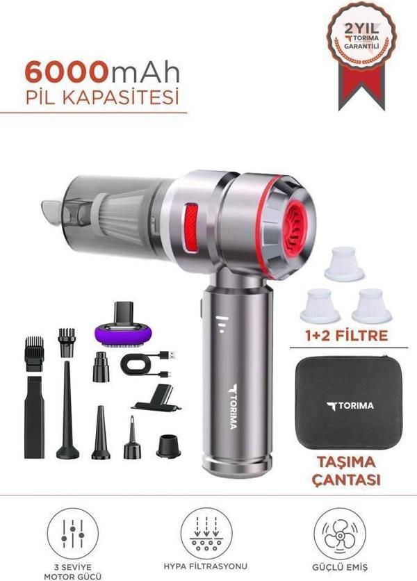 HL-121 Kırmızı Üflemeli Şarjlı Araç Mini EL Süpürgesi 16.000PA Emiş Güçlü 4İN1 Araba Süpürgesi - Image 1