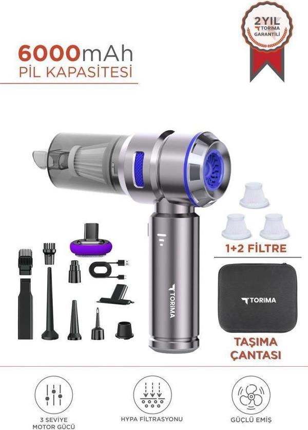 HL-121 Mavi Üflemeli Şarjlı Araç Mini EL Süpürgesi 16.000PA Emiş Güçlü 4İN1 Araba Süpürgesi - Image 1