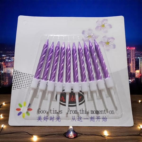 10 ADET MOR YÜKSEK KALİTE KIVRIMLI METALİK MOR MUM 8 CM MOR PASTA MUMU PARLAK MOR DOĞUM GÜNÜ MUMU - Image 1
