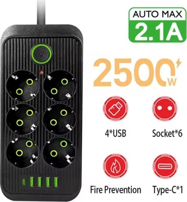 6 Soket 4 Usb 1 Pd Şarj Termal Akım Korumalı Priz 2 Metre Kablo Çoklu Priz 6 Lı Priz - Image 1