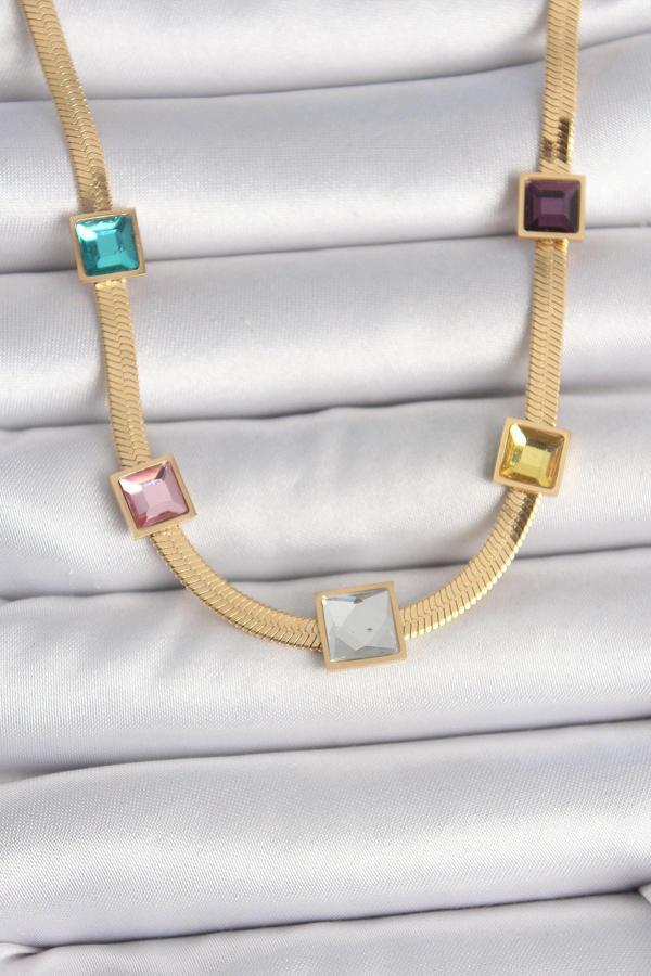Gold Renk İtalyan Zincir Model Kare Renkli Zirkon Taşlı Kadın Kolye -  EBJ250510W33782 - Image 1