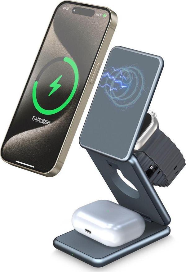 AirFlod 15W Wireless Kablosuz Şarj Standı Alüminyum Katlanabilir 3in1 iPhone-android-watch-airpods - Image 1