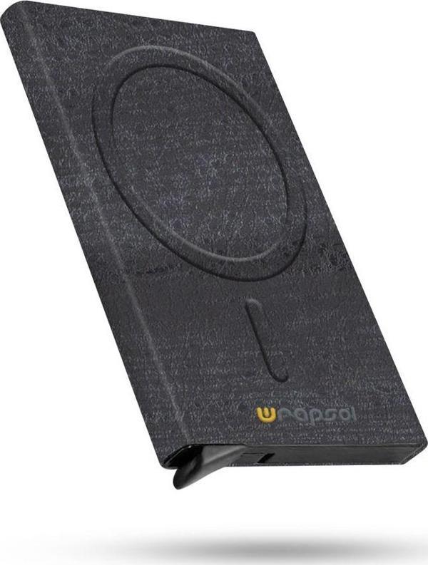 Wrapsol Magsafe Mekanizmalı Kartlık Rfid Korumalı Alüminyum Otomatik Kredi Kartlık Desenli Taş Siyah - Image 1