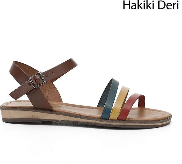 Kadın Kahveye Kırmızı Sarı Hakiki Deri Sandalet - Image 1