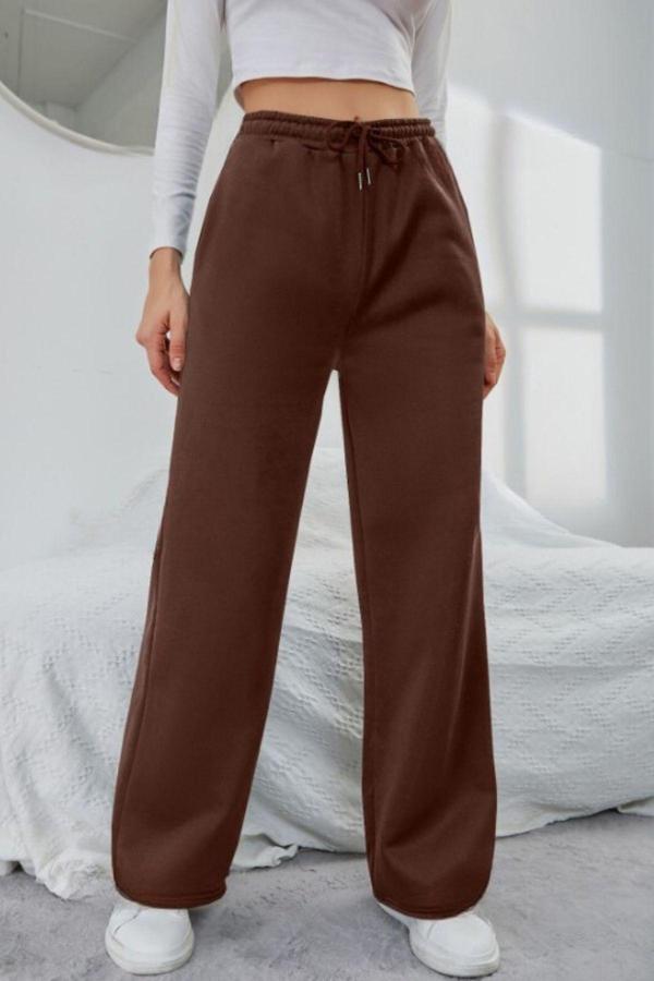 Kallima Kahverengi Kışlık Kalın Şardonlu Içi Polarlı Yüksek Bel Bol Paça Bağcıklı Gizli Cepli Eşofman Altı - Image 1