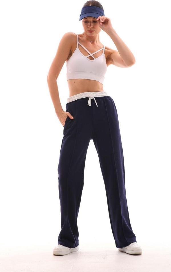 Kallima Kadın Lacivert Çımalı 3 Iplik Şardonsuz Bol Paça Tasarım Beyaz Bel Detaylı Eşofman Altı - Image 1