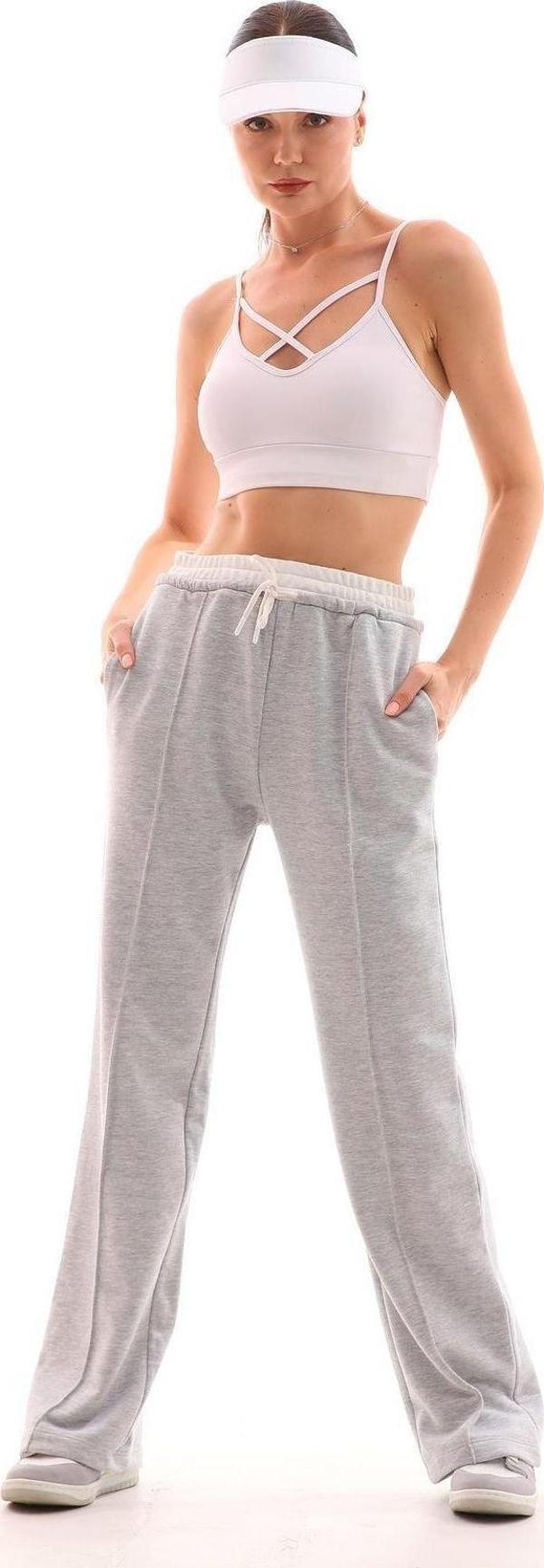 Kallima Kadın Gri Çımalı 3 Iplik Şardonsuz Bol Paça Tasarım Beyaz Bel Detaylı Eşofman Altı - Image 1