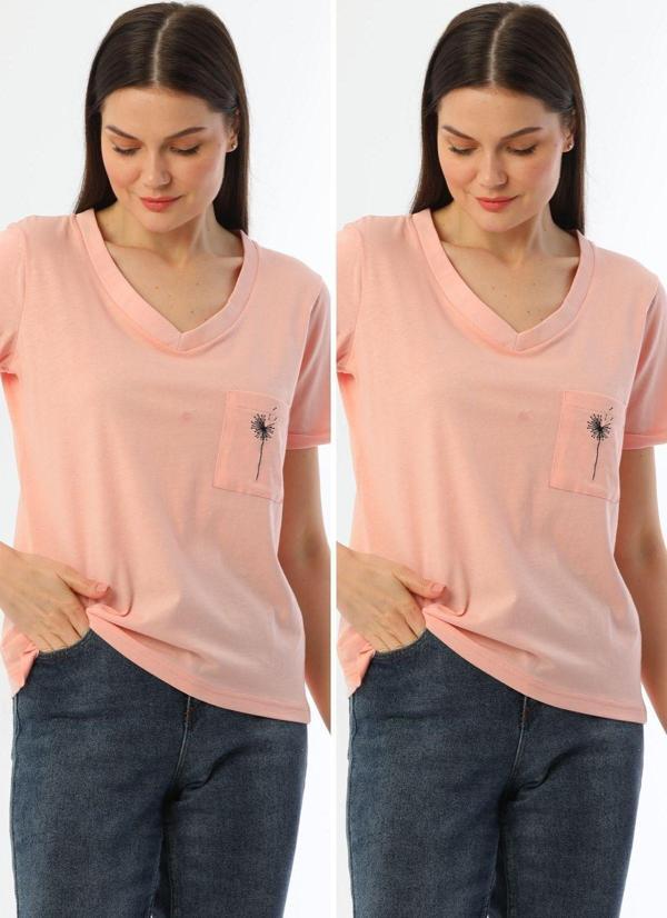 Kallima 2'Li Paket Pembe V Yaka Rahat Kalıp Nakışlı %100 Pamuk T-Shirt - Image 1