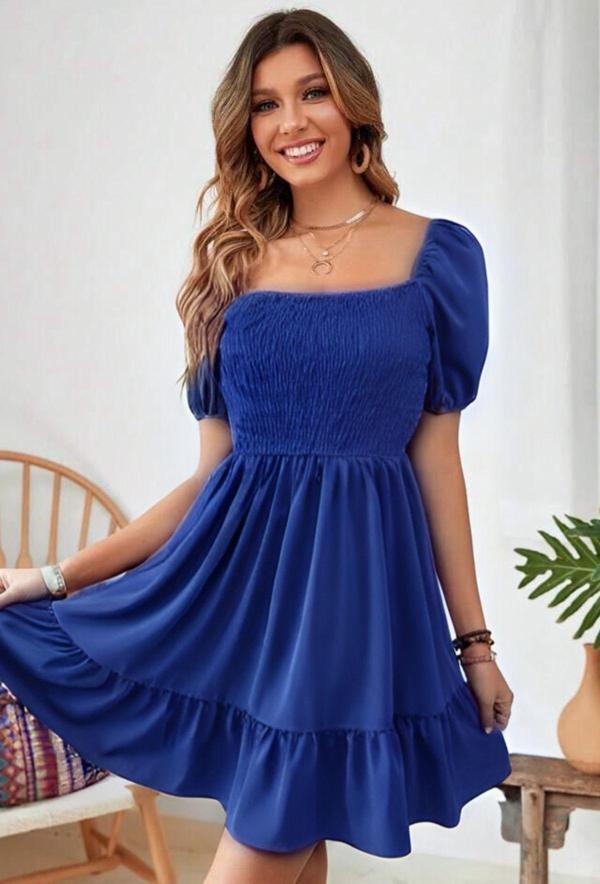 Kallima Saks Mavi Carmen Yaka Fırfırlı Diz Üstü Gipeli Aerobin Elbise 95 Cm - Image 1