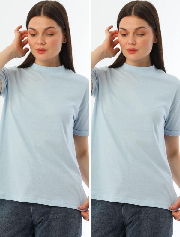 Kallima Mavi 2'Li Paket Dik Yaka Rahat Kalıp %100 Pamuk T-Shirt - Image 1