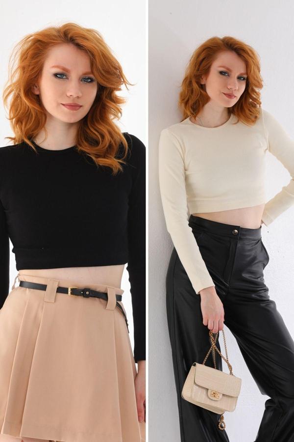 Kallima Siyah-Ekru 2'Li Paket Fitted/Vücuda Oturan Bisiklet Yaka Crop Fitilli Esnek Örme Bluz - Image 1