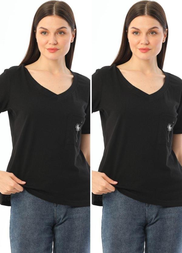 Kallima 2'Li Paket Siyah V Yaka Rahat Kalıp Nakışlı %100 Pamuk T-Shirt - Image 1