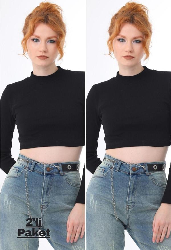 Kallima Siyah 2'Li Paket Dik Yaka Fitted/Vücuda Oturan Crop Fitilli Esnek Örme Bluz - Image 1