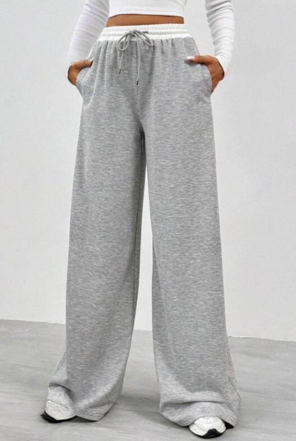 Kallima Gri Bol Paça Yüksek Bel Kontrast Kemer Ve Cepli Kadın Eşofman Altı - Image 1