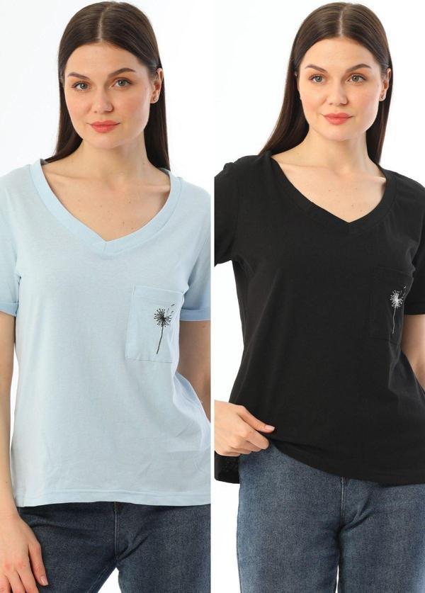 Kallima 2'Li Paket Mavi-Siyah V Yaka Rahat Kalıp Nakışlı %100 Pamuk T-Shirt - Image 1