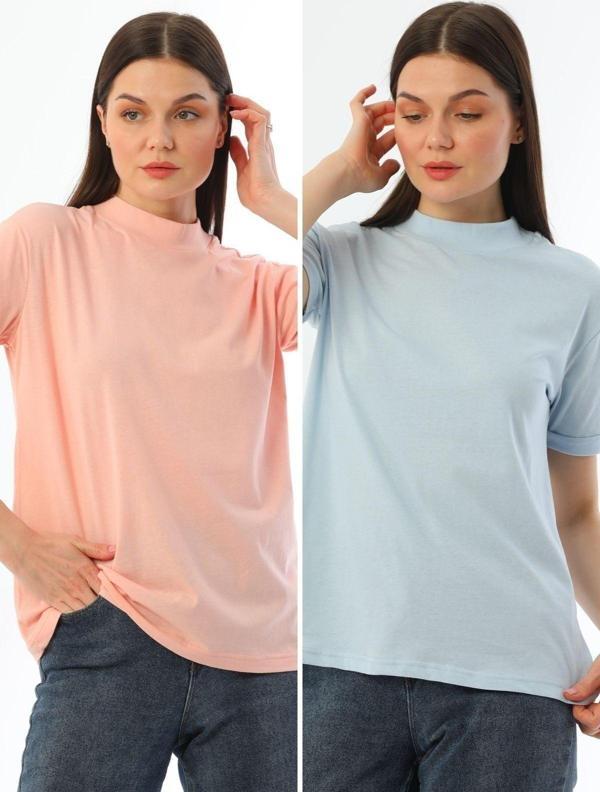 Kallima Pembe-Mavi 2'Li Paket Dik Yaka Rahat Kalıp %100 Pamuk T-Shirt - Image 1