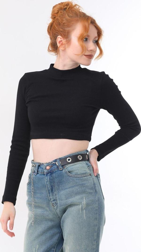 Kallima Ekru Dik Yaka Fitted/Vücuda Oturan Crop Fitilli Esnek Örme Bluz - Image 1