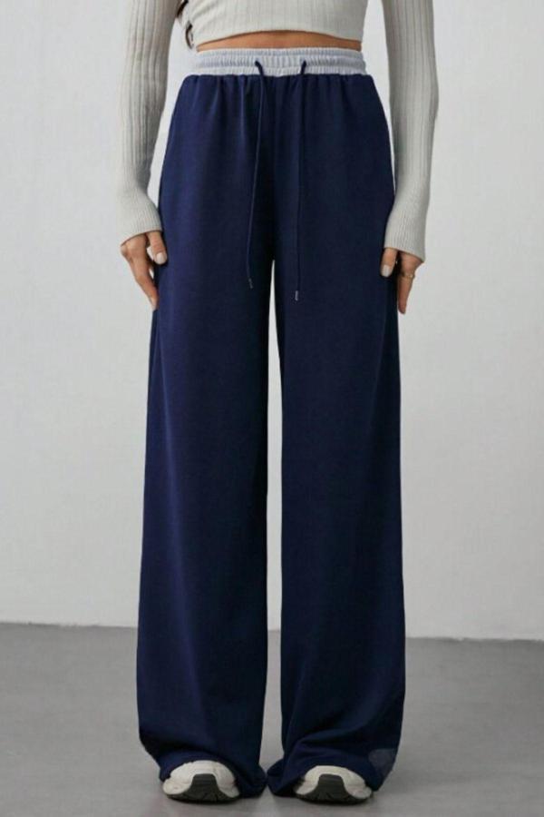 Kallima Lacivert Bol Paça Yüksek Bel Kontrast Kemer Ve Cepli Kadın Eşofman Altı - Image 1