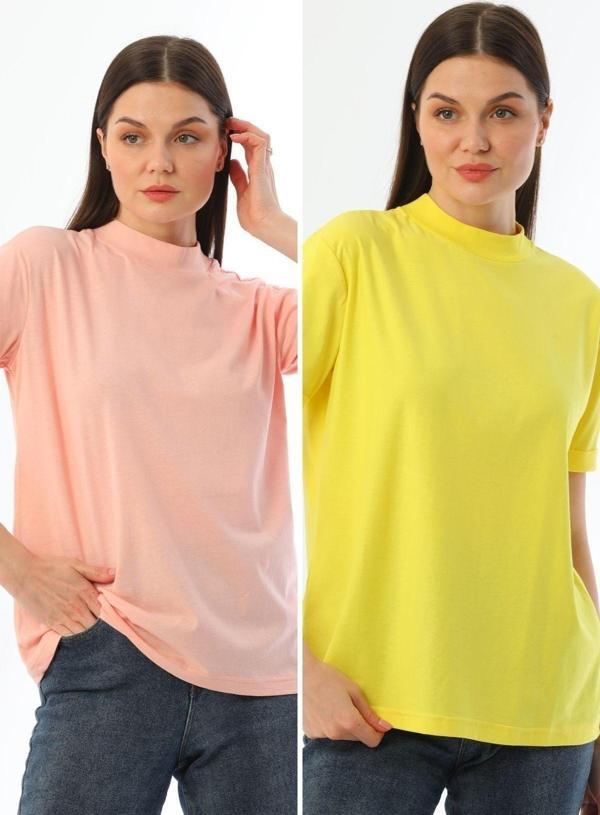 Kallima Pembe-Sarı 2'Li Paket Dik Yaka Rahat Kalıp %100 Pamuk T-Shirt - Image 1