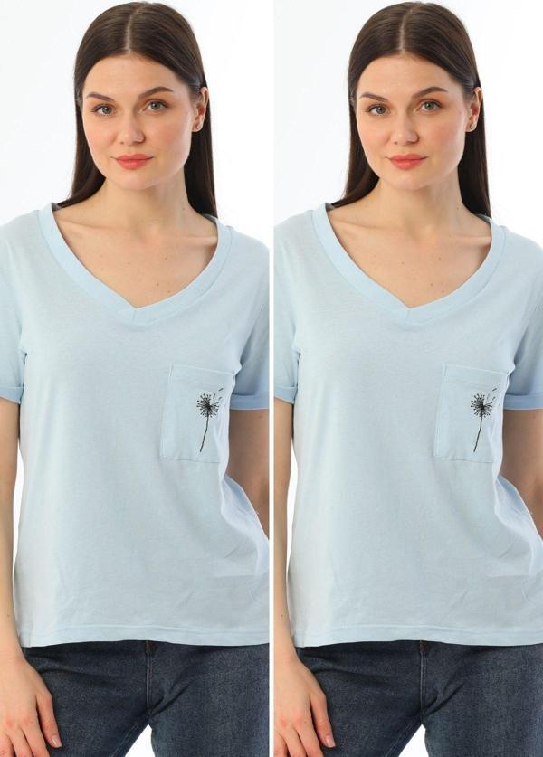 Kallima 2'Li Paket Mavi V Yaka Rahat Kalıp Nakışlı %100 Pamuk T-Shirt - Image 1