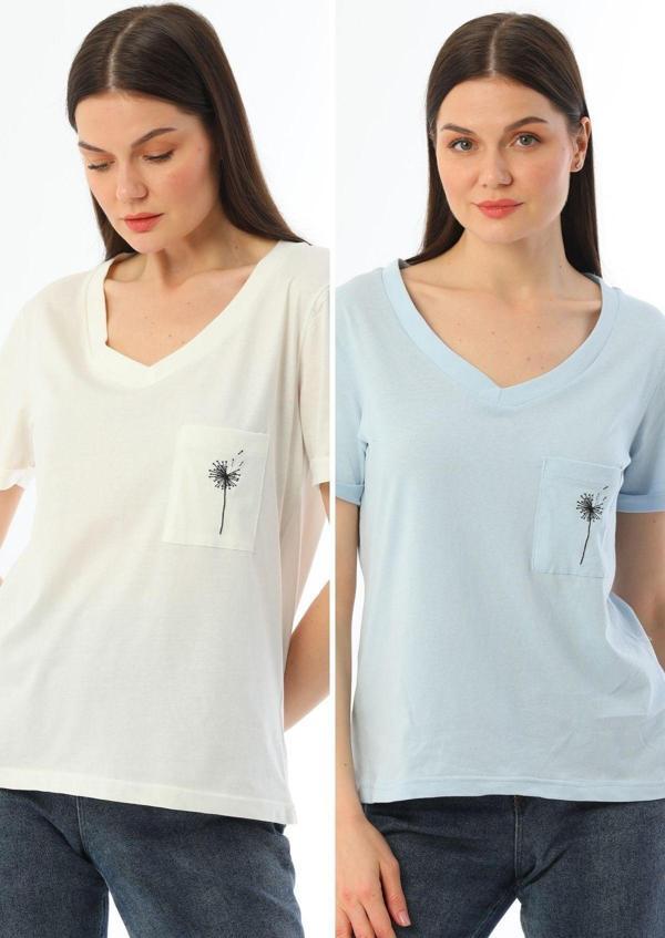 Kallima 2'Li Paket Ekru-Mavi V Yaka Rahat Kalıp Nakışlı %100 Pamuk T-Shirt - Image 1