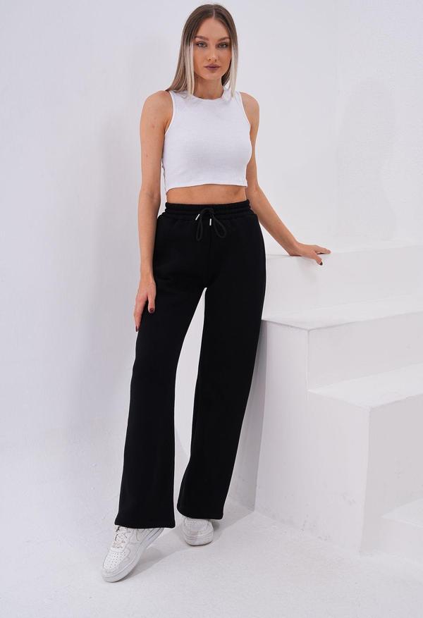 Kallima Siyah Şardonlu Kalın 3 İplik Rahat Kalıp Bol Paça Kadın Eşofman Altı - Image 1