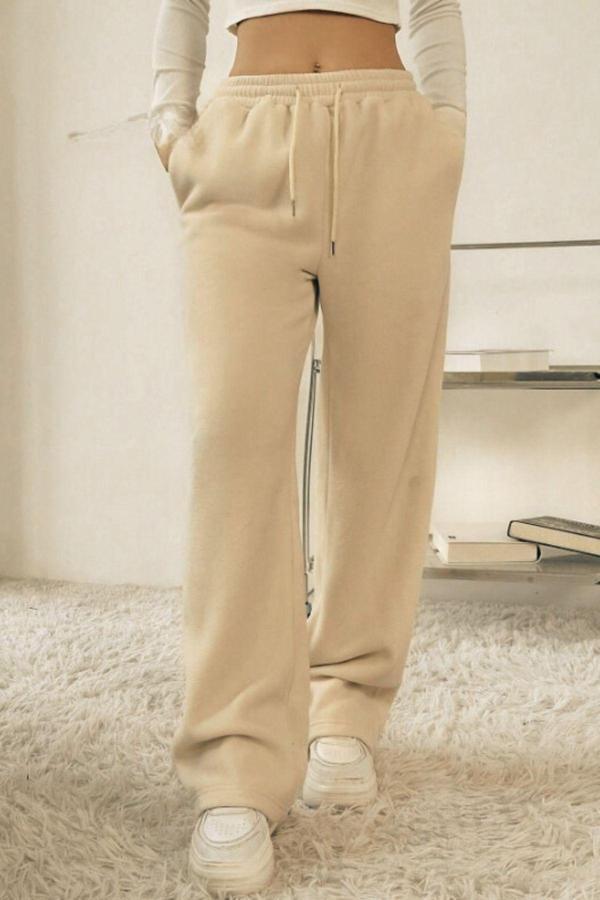 Kallima Bej Kışlık Kalın Şardonlu Içi Polarlı Yüksek Bel Bol Paça Bağcıklı Gizli Cepli Eşofman Altı - Image 1