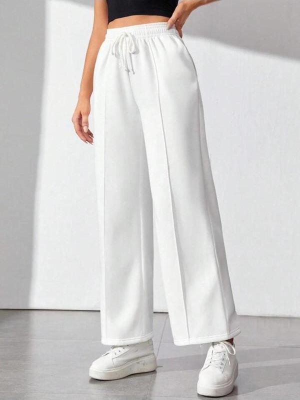 Kallima Beyaz Önü Dikişli İçi Polarlı Kışlık Kalın Yüksek Bel Bol Paça Rahat Kalıp Eşofman Altı - Image 1