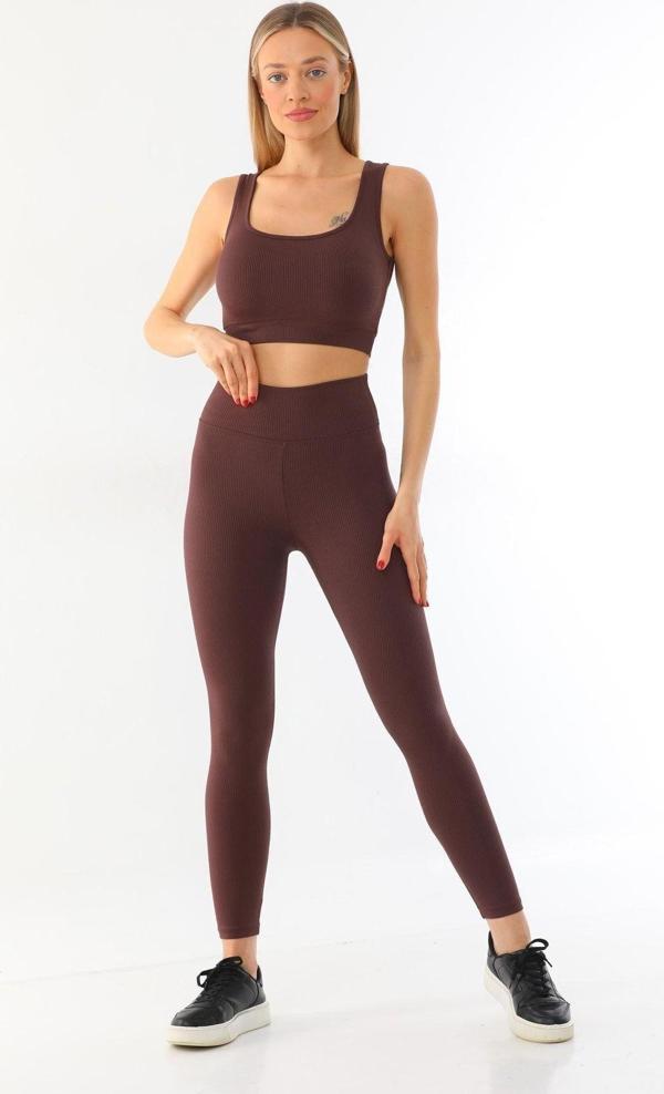 Kallima Kahverengi Toparlayıcı Esnek Yüksek Bel Fitilli Spor Tayt - Crop Takım - Image 1