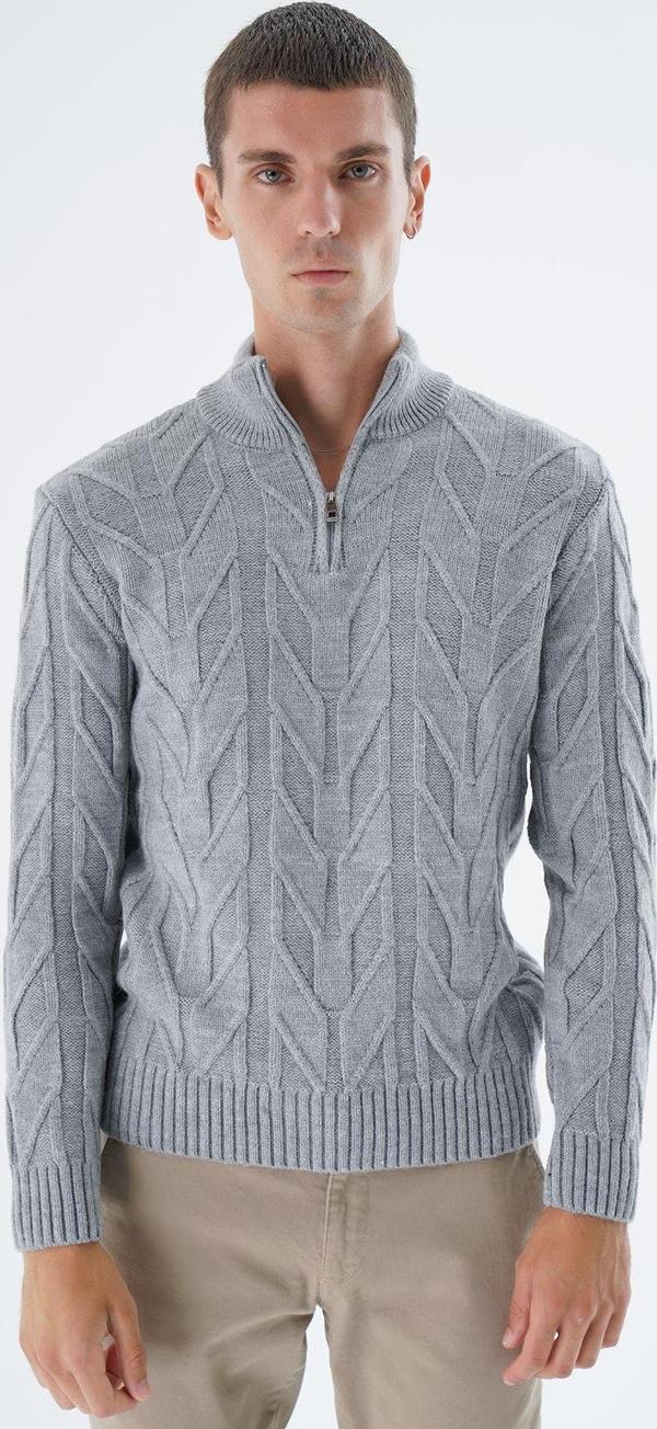 Trist Star Erkek Gri Dik Yaka Kısa Fermuarlı Yürütme Örgülü Yün Triko Örme Kazak Trıst-5344 - Image 1