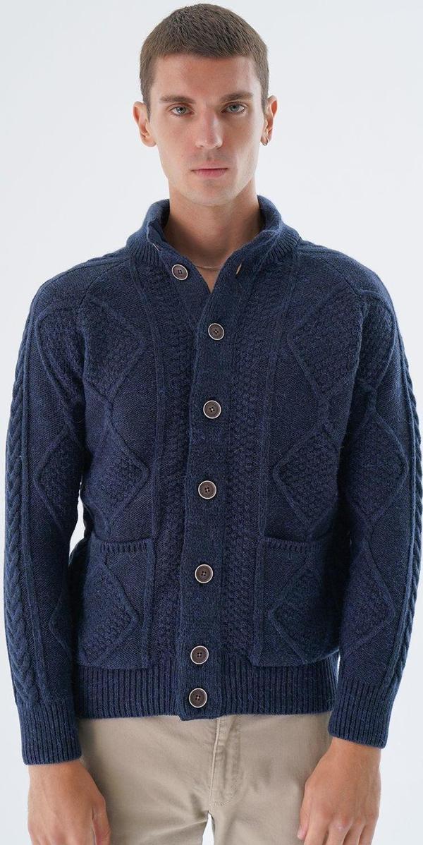 Trist Star Erkek Lacivert Dik Yaka Düğmeli Yürütmeli Saç Örgülü Cepli Yün Triko Örme Hırka Trıst-5326 - Image 1