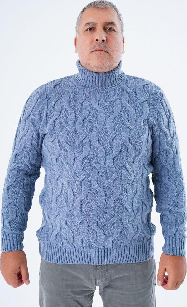 Trist Star Büyük Beden Erkek İndigo Balıkçı Yaka Pirinç Saç Örgülü Yün Triko Örme Kazak Trıst-2118 - Image 1