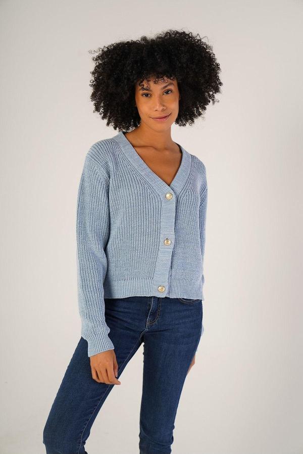 Trist Star Mavi Kadın Selanik Örgü V Yaka %100 Pamuk Hırka - Image 1