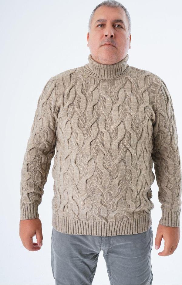 Trist Star Büyük Beden Erkek Vizon Balıkçı Yaka Pirinç Saç Örgülü Yün Triko Örme Kazak Trıst-2118 - Image 1