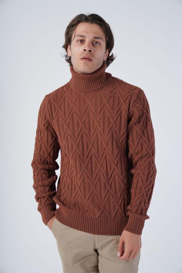 Trist Star Kiremit Erkek Yürütme Saç Örgülü Çarpı Desenli Balıkçı Yaka Triko Yün Kazak - Image 1