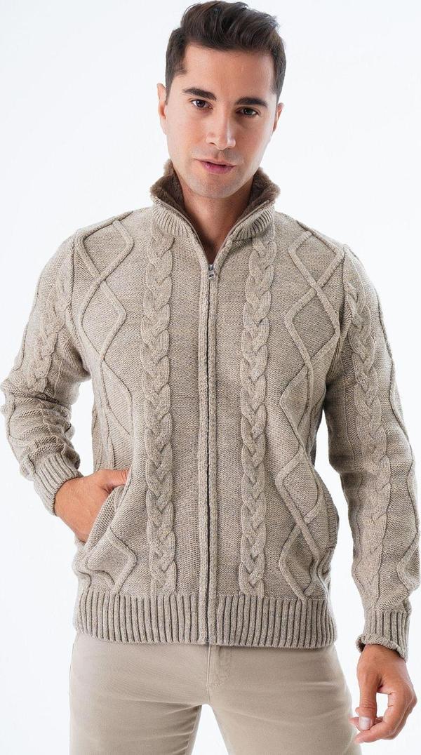 Trist Star Erkek Vizon Yakası Kürklü Saç Örgü Yürütme Fermuarlı Cepli Yün Triko Örme Hırka Trıst-5329 - Image 1