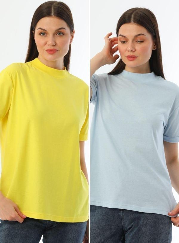 Kallima Mavi-Sarı 2'Li Paket Dik Yaka Rahat Kalıp %100 Pamuk T-Shirt - Image 1